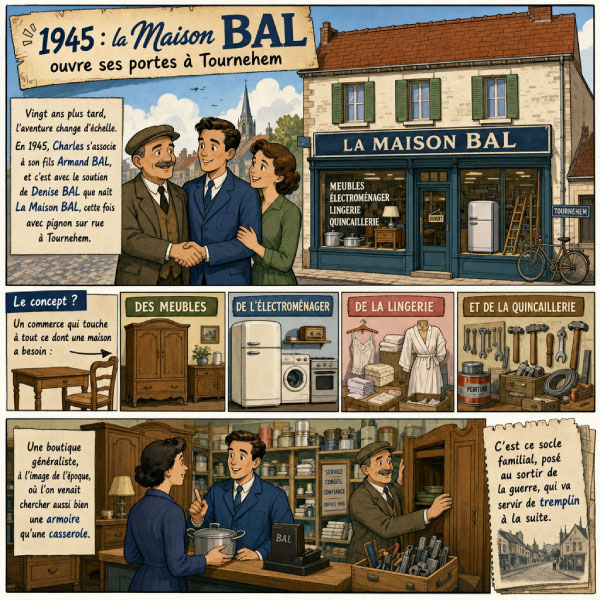 Bande dessiné d'illustration de l'hitoire de la famille bal en 1945